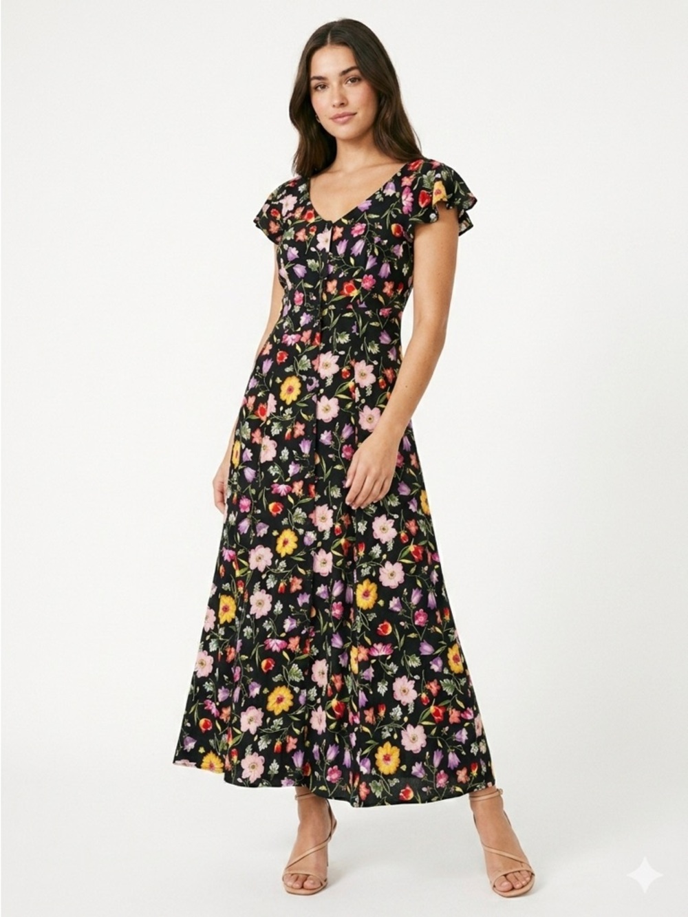 UM & Company Vintage 90s Phoebe Buffay Floral Button Down Midi Dress Black S